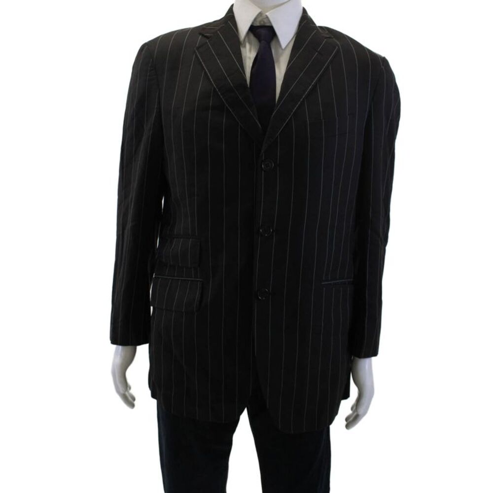 Etro Mens Black Striped Wool Suit Jacket Collared Button Classic Size 50